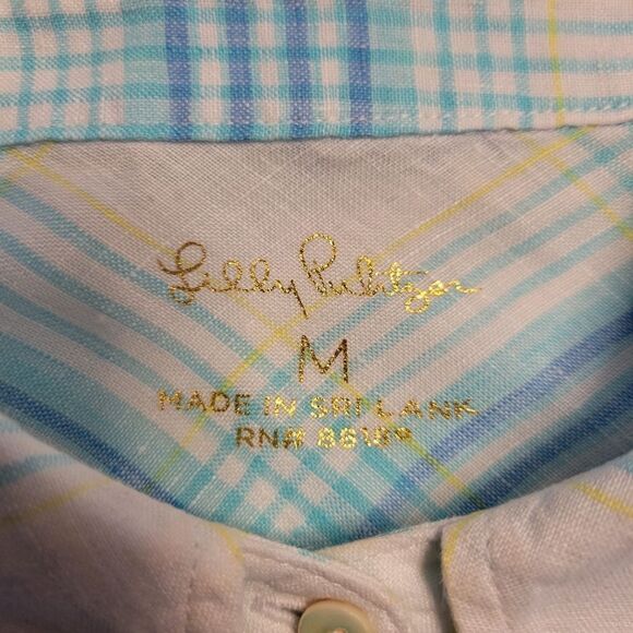 Lilly Pulitzer Linen Sea View Button Down Top Shirt Blue Beach Day Plaid Medium - Picture 9 of 13
